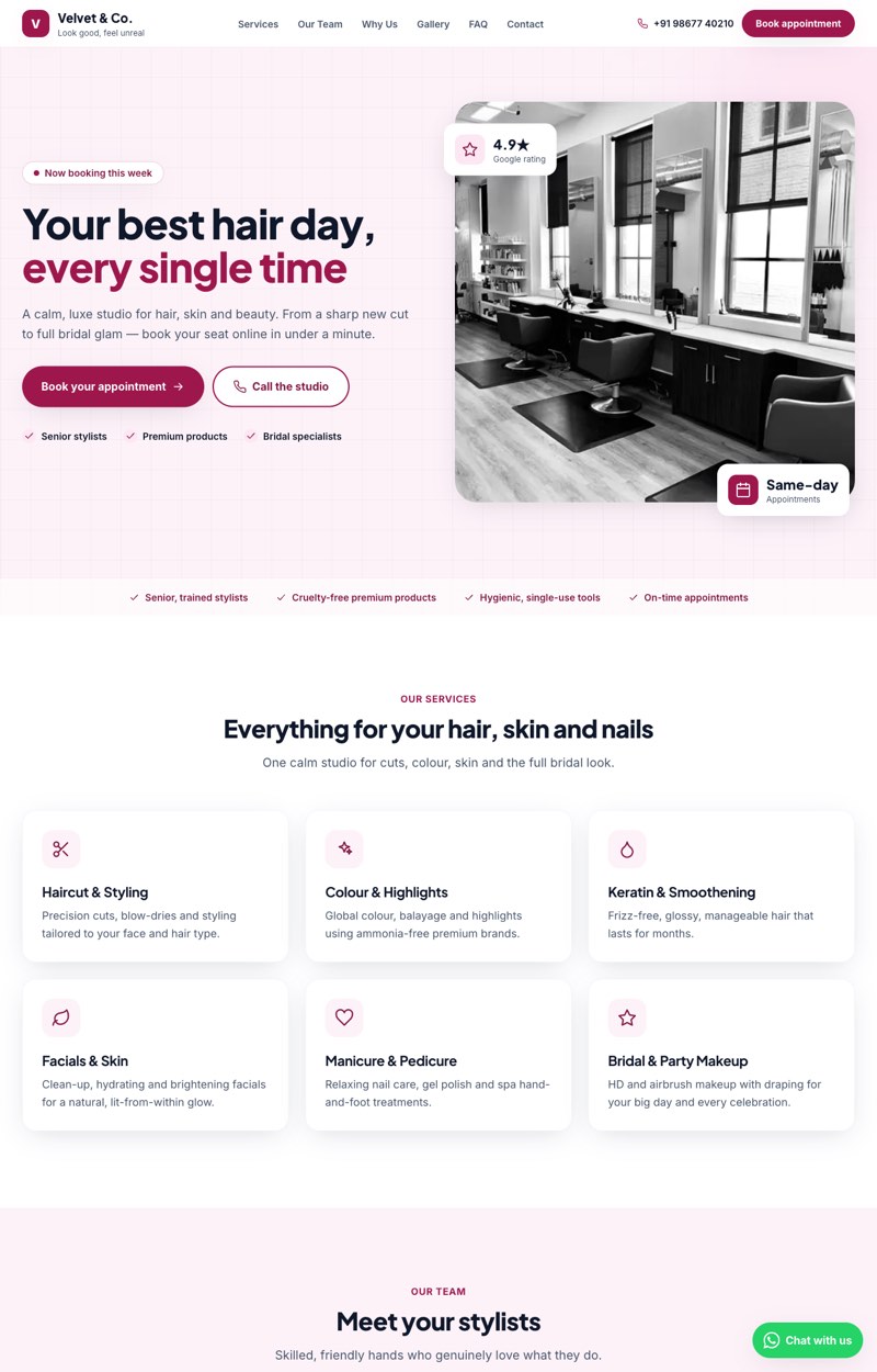 Live preview of a salon website